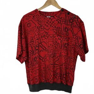 Vintage 80s 90s Via Veneto Red and Black Abstract Art Pattern Short Sleeve Top